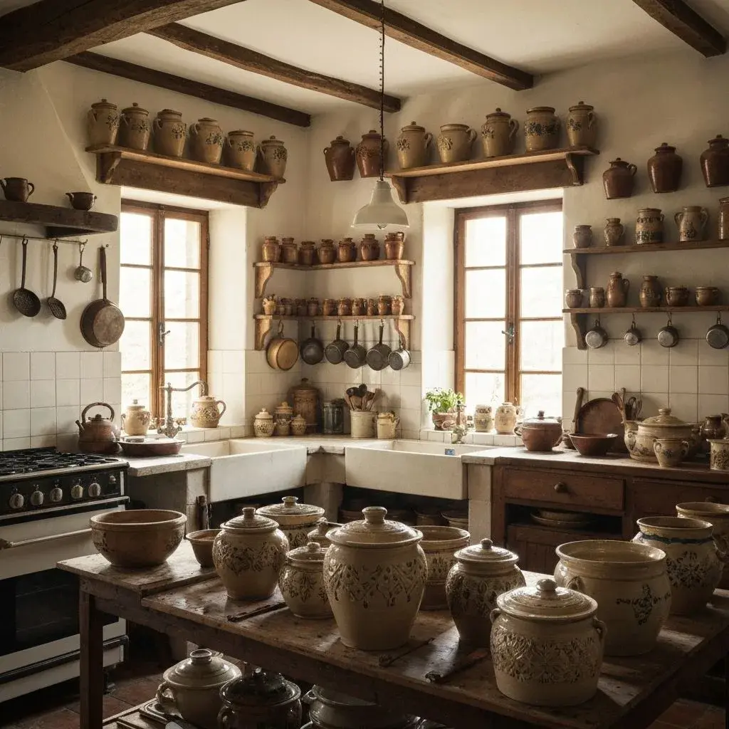 A French farmhouse kitchen with shelves of glazed stoneware pots, hanging copper pans, and lidded confit jars on a work table