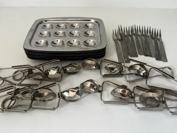 Vintage French Escargot Set for 12 | Stainless Steel Snail Plate, Tongs & Forks | Outdoor Entertaining Dinner Party Set
