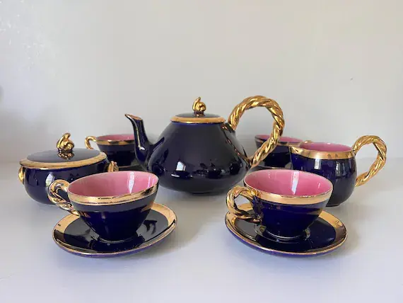 Rare Vallauris Tea Set Monica Ceram French Riviera Pink Blue Gold Mid Century Ceramic Tea Set