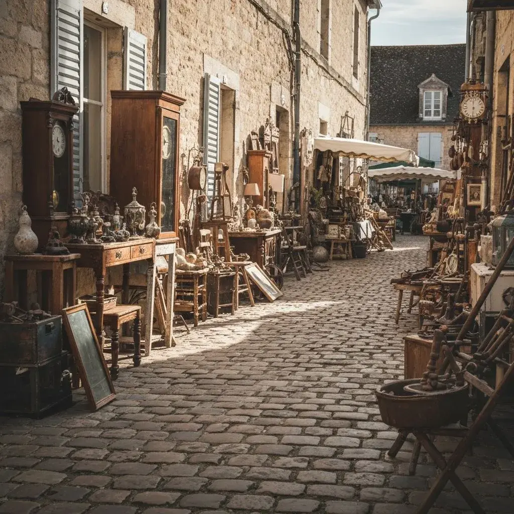 Antique furniture, longcase clocks, and metalware set out along a cobbled street at a French brocante