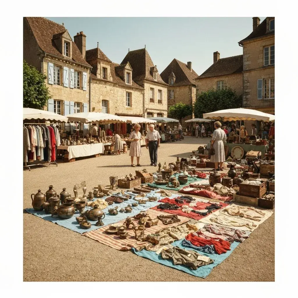 A brocante laid out on blankets in a Dordogne village square, with pewter jugs, pots and folded linens under market awnings