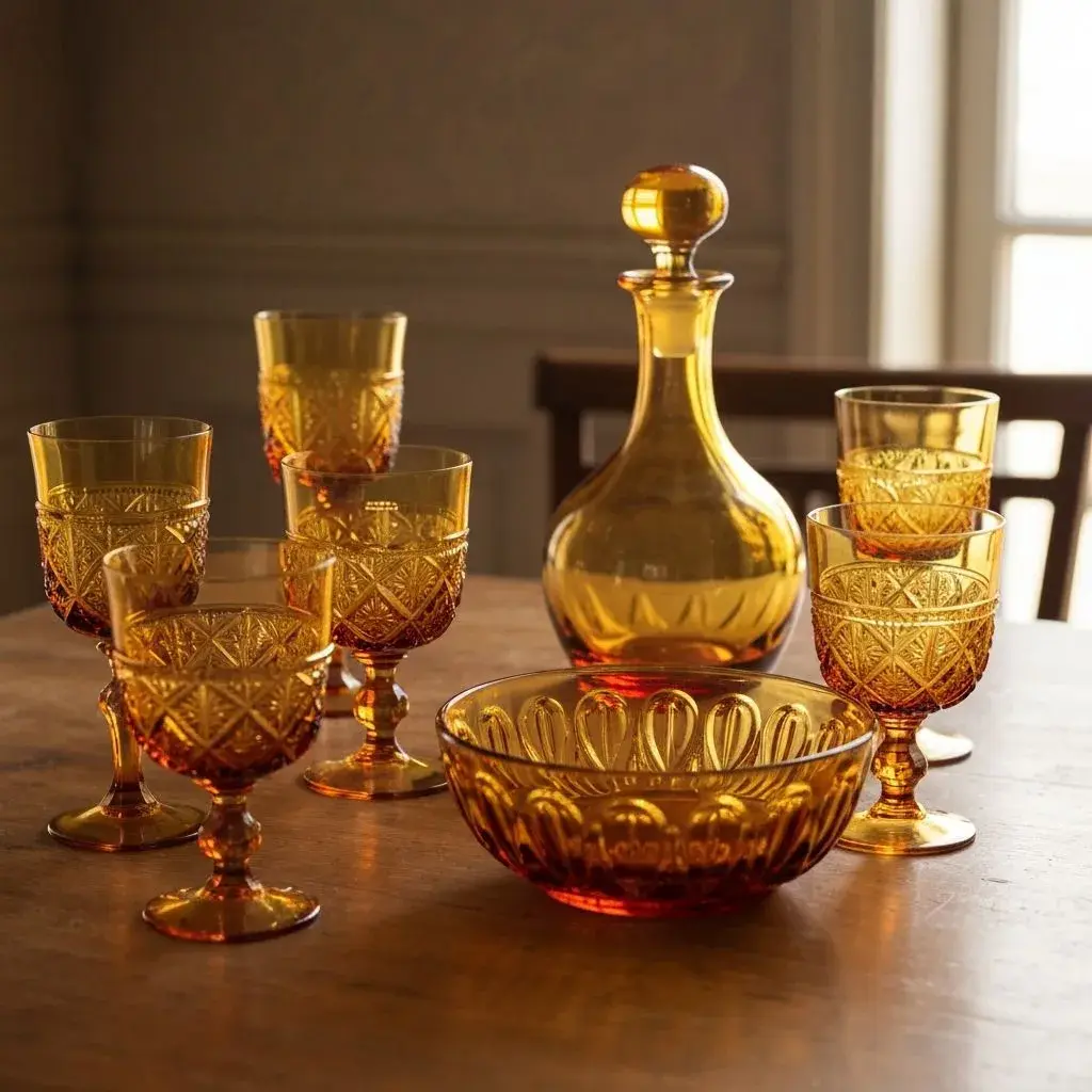 Amber-toned vintage French glassware and a decanter on a dark wood table, lit in warm evening light