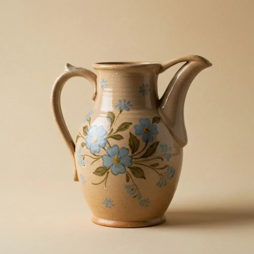 A hand-painted French stoneware jug with a blue floral motif, styled as a single vintage anchor piece