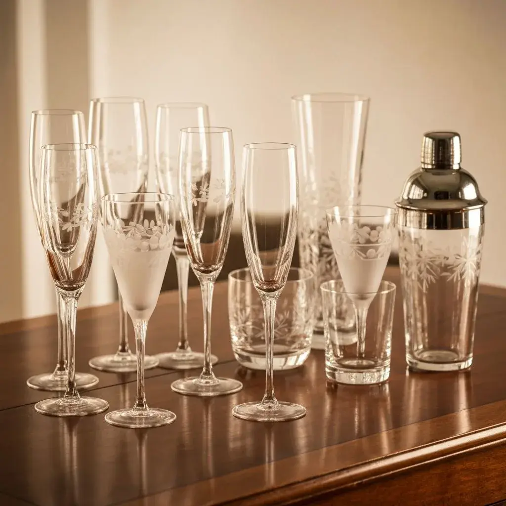 A mixed collection of French crystal flutes, tumblers, and a cocktail shaker styled on a wood table