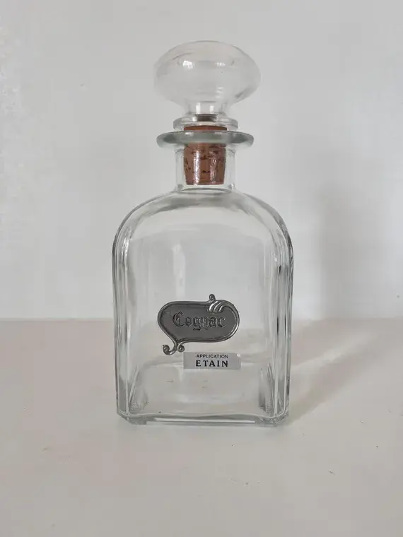 Vintage French Cognac Decanter with Pewter Label | Glass Bottle with Stopper | Barware Collectible Table Décor