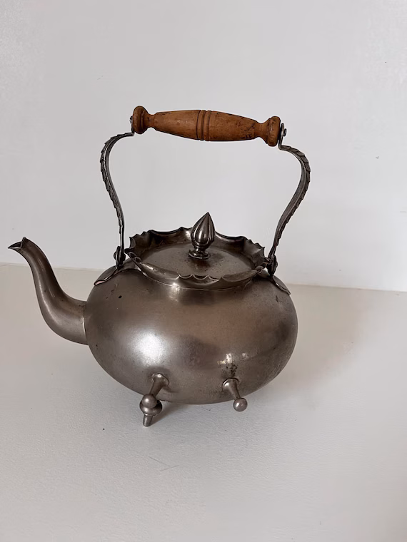Antique Pewter Teapot with Wooden Handle Unusual Footed Design European Tea Pot Vintage Table Decor